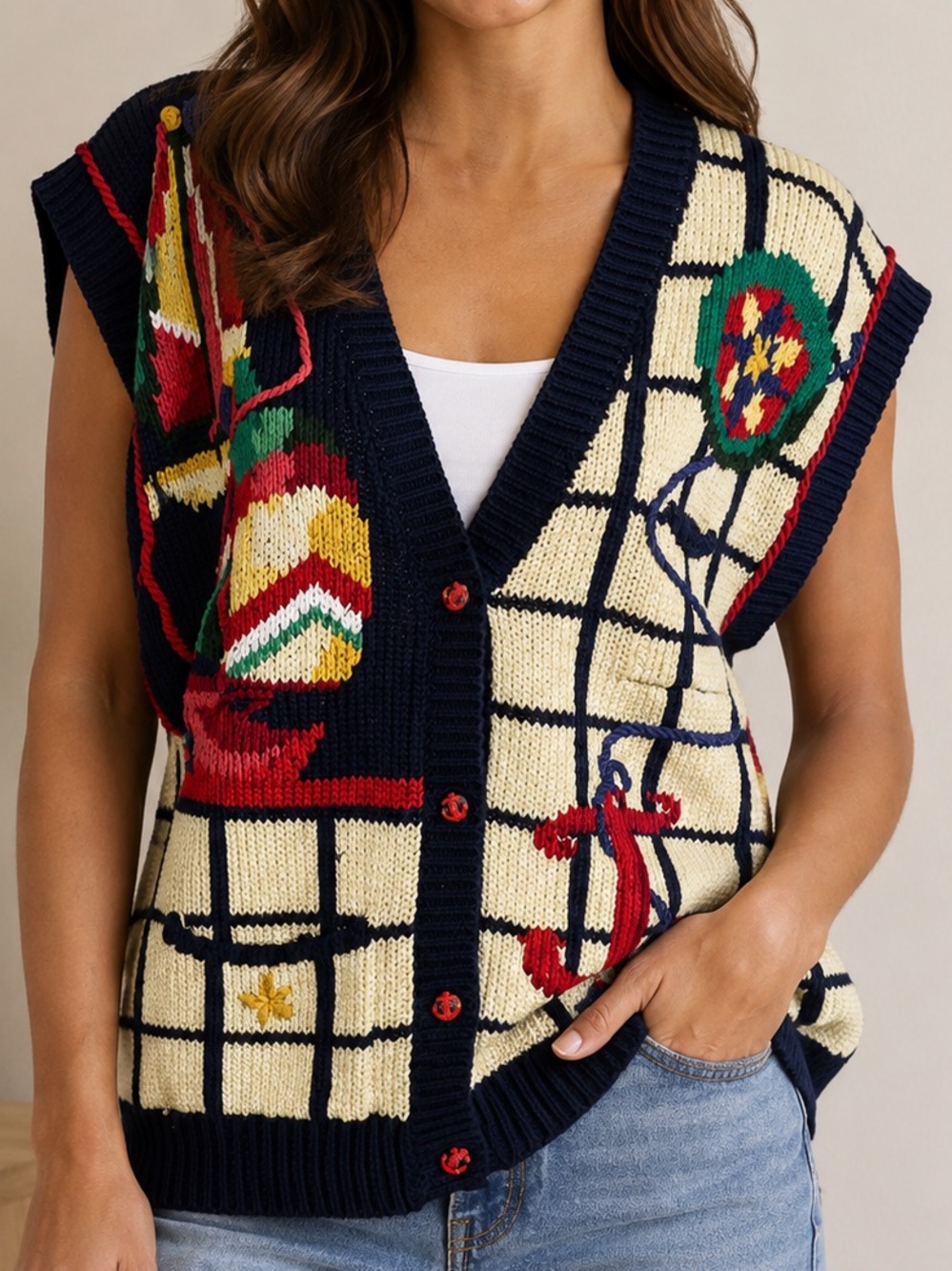 Traditional Trading Co Women’s Size L Vintage Sweater Vest Nautical Sailboat